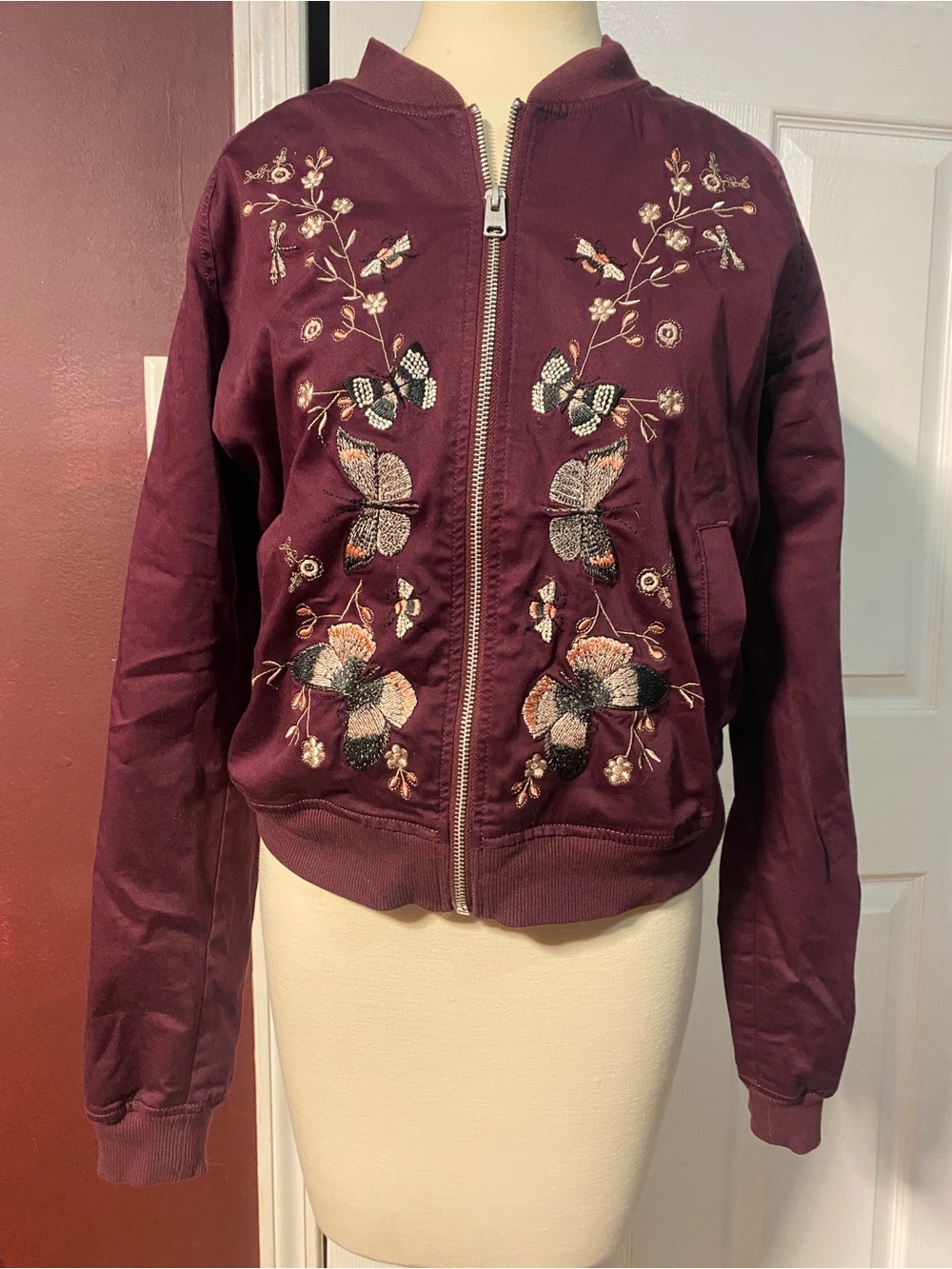 Express Women's Embroidered Bomber Jacket - Wine